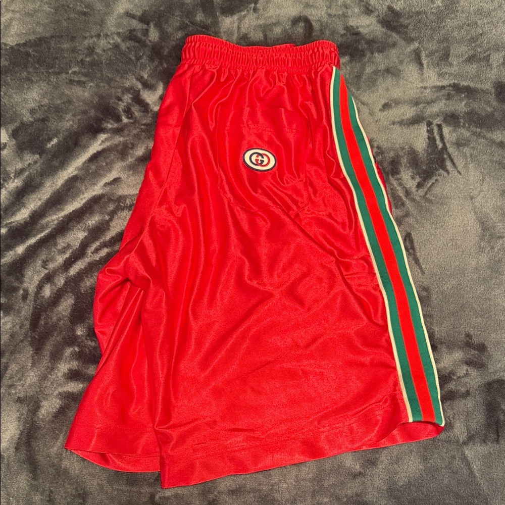 Red Gucci Athletic Shorts with Green Stripe Accent